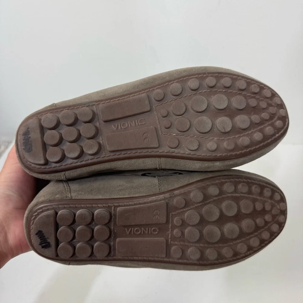 Vionic Suede Leather Grey Slip On Driving Loafers Casual Shoes With Bow Detail